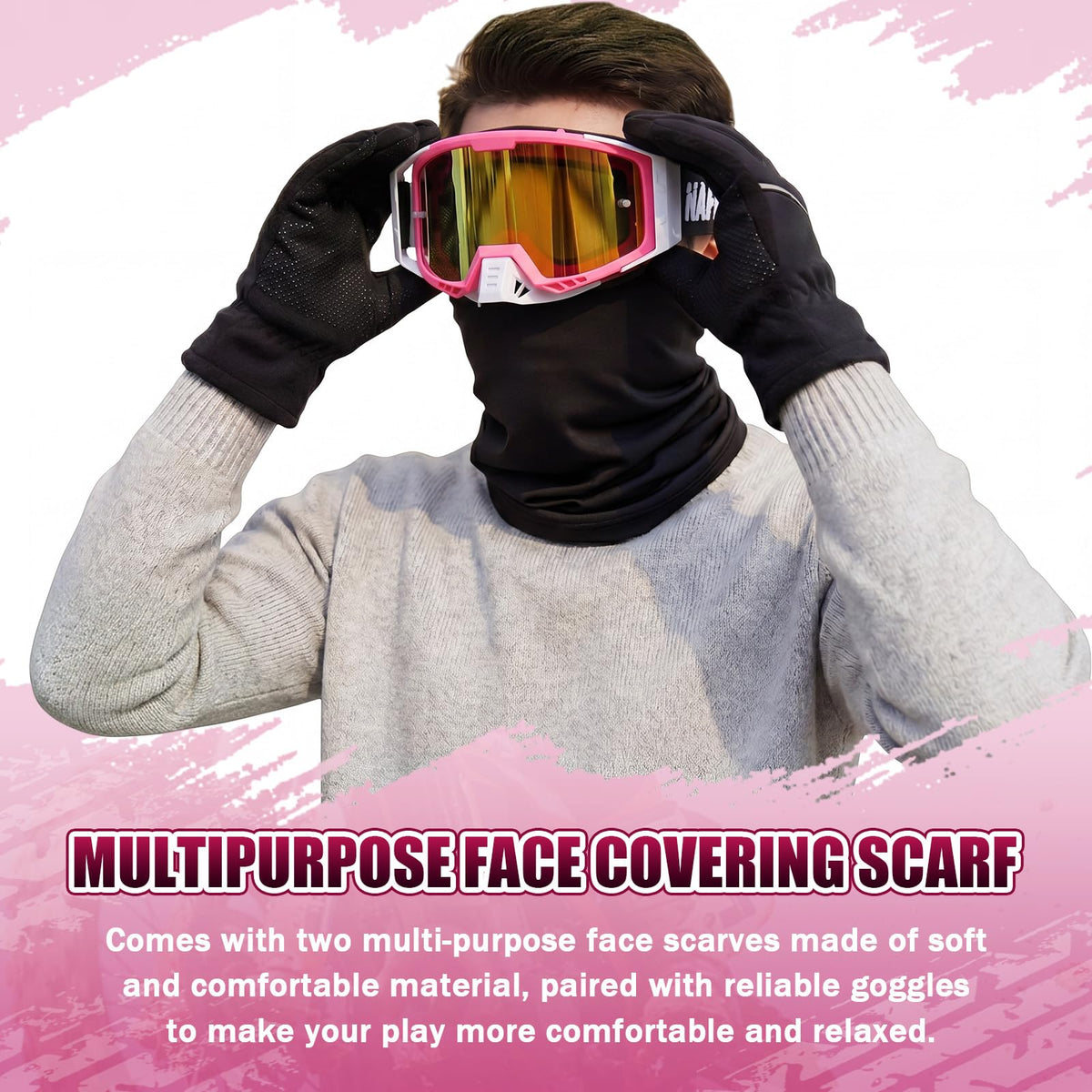 Relaxweex neck bandana displayed with goggles for dust and sun coverage