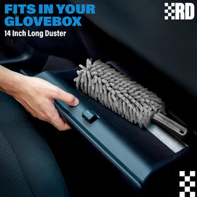 Relentless Drive duster stored in glovebox for convenient on-the-go cleaning