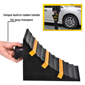 RELIANCER chock placed against truck wheel demonstrating secure immobilization benefit