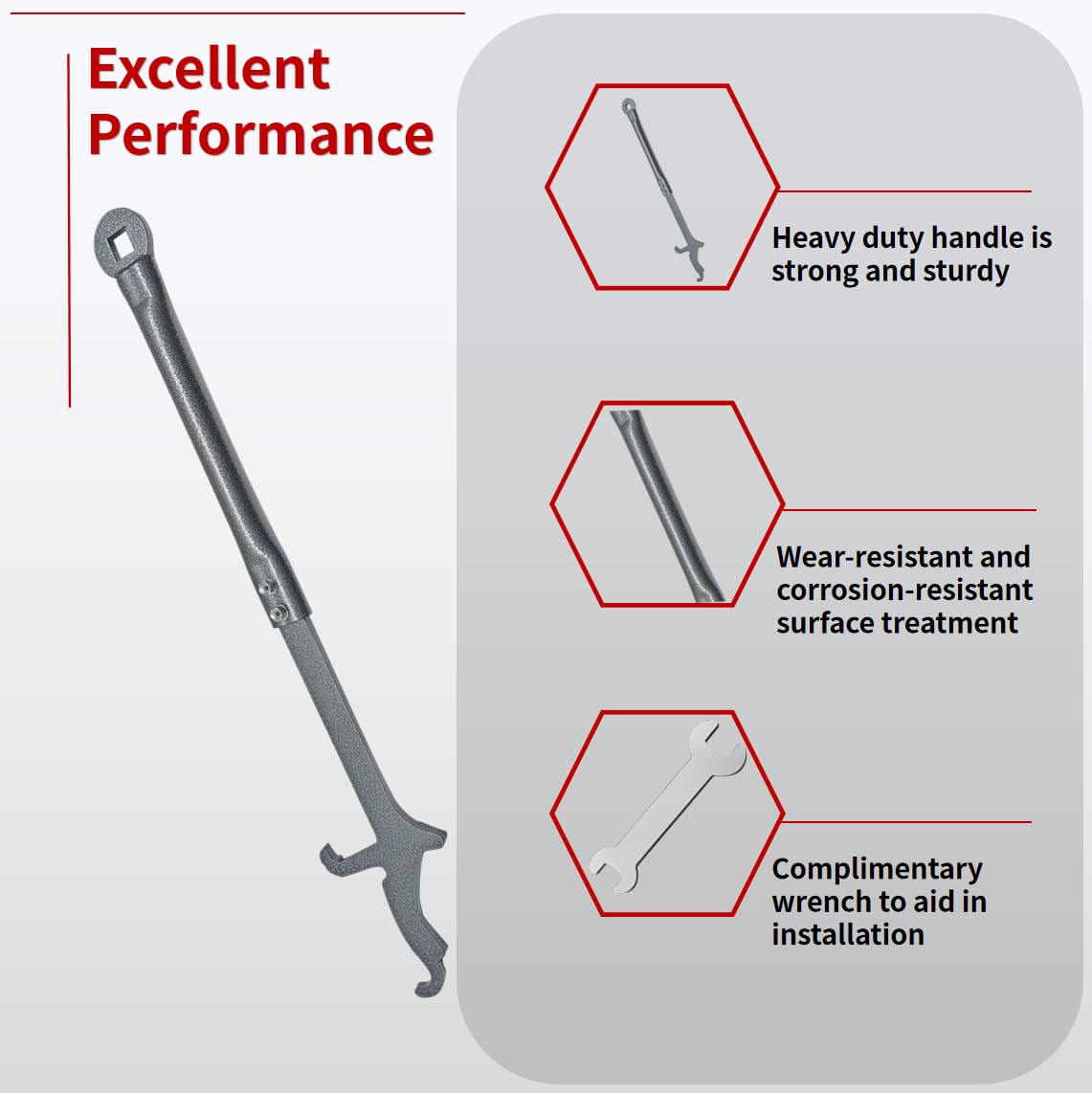 Relioky lift tool next to included wrench showing scale and portability benefit