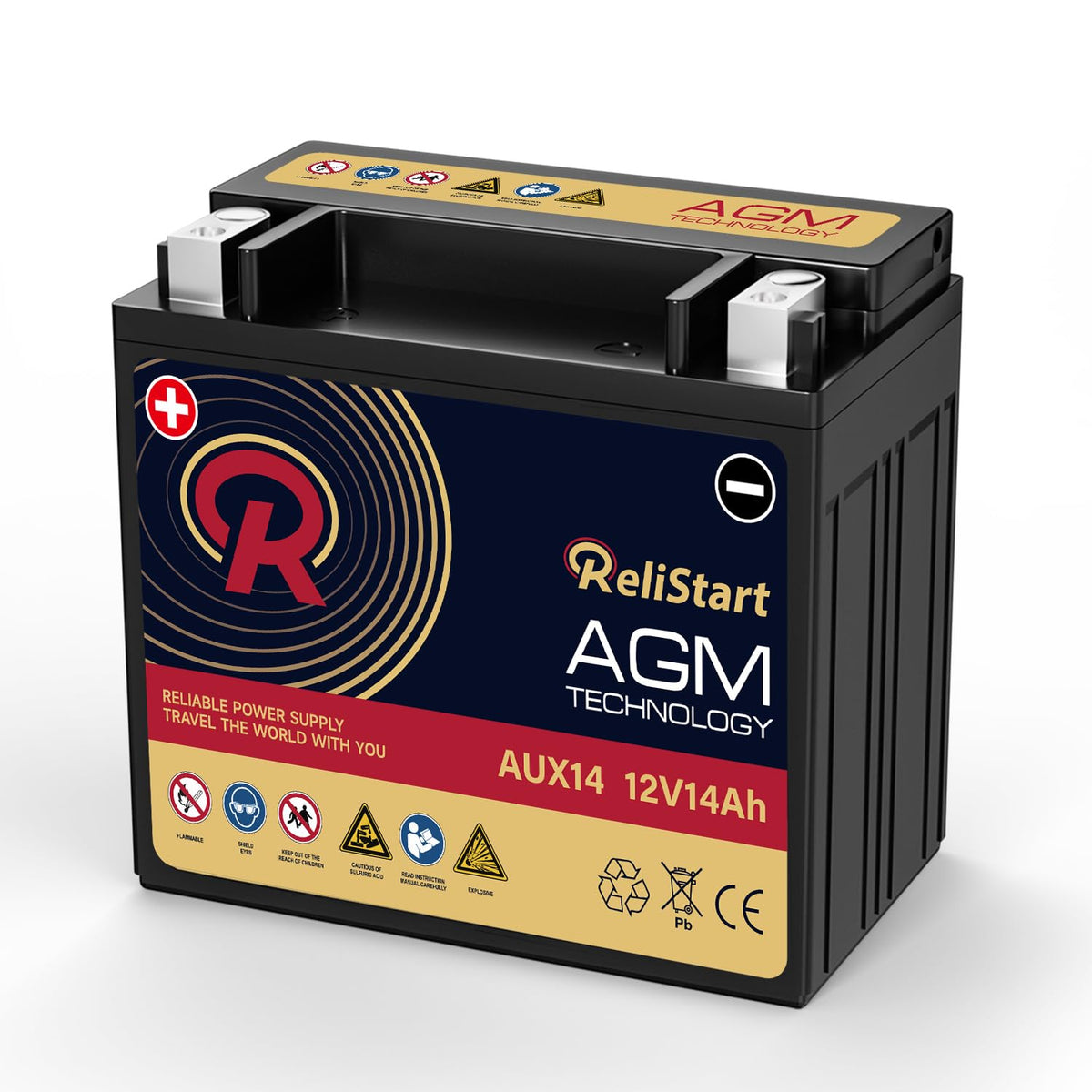 Relistart AUX14 front view showing compact sealed AGM design and fit benefits