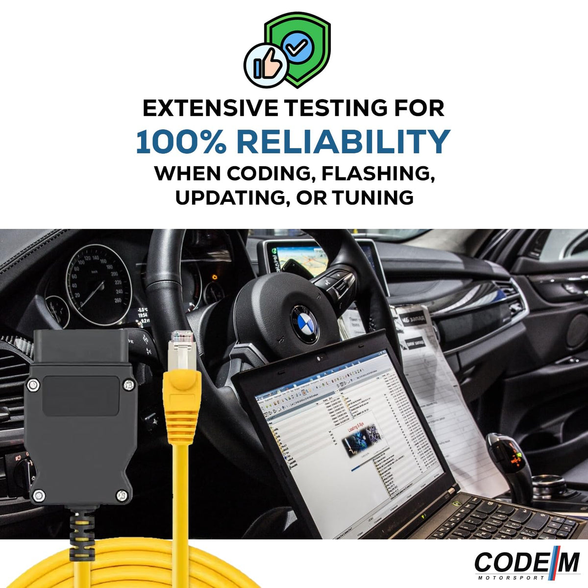 Reloot cable connected between a laptop and a BMW dashboard for coding convenience