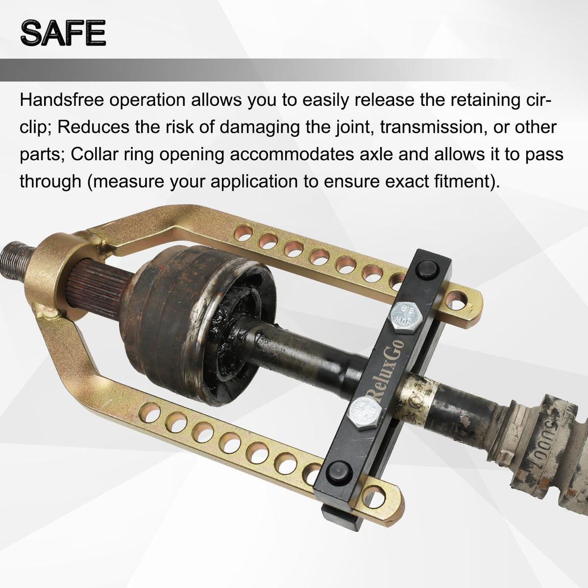 ReluxGo collar detail showing axle passage and safe handsfree operation benefit