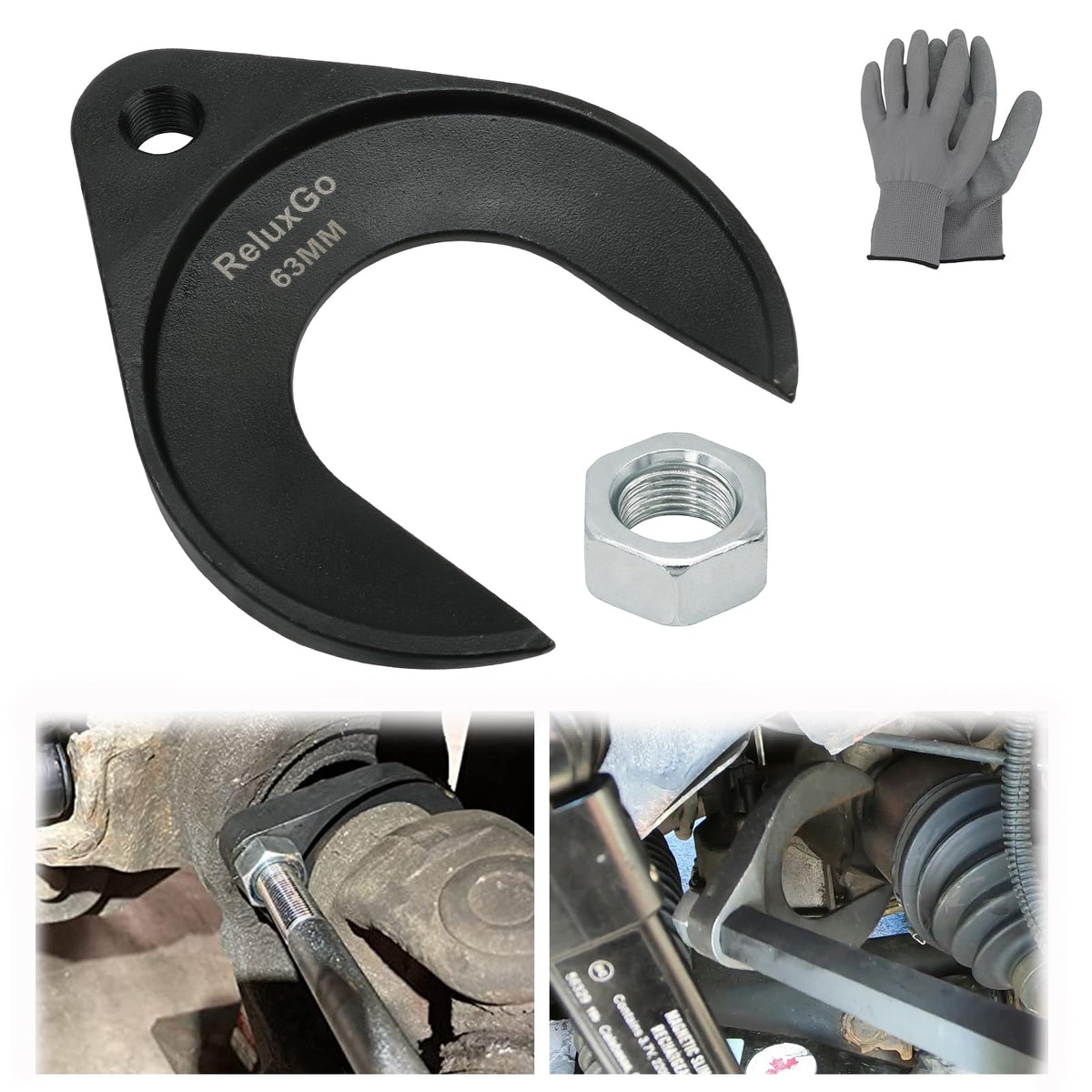 ReluxGo front view showing tool, durable construction for safe axle removal