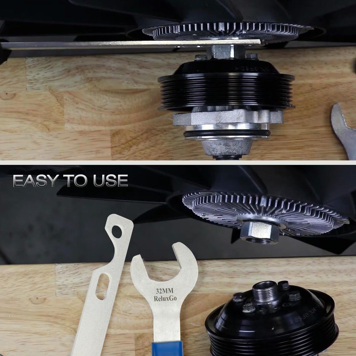 ReluxGo holding a water pump pulley in an engine bay demonstrating stable pulley immobilization benefit