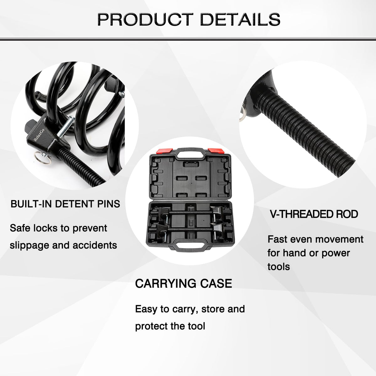 ReluxGo packaging and label showing model details and warranty contact information