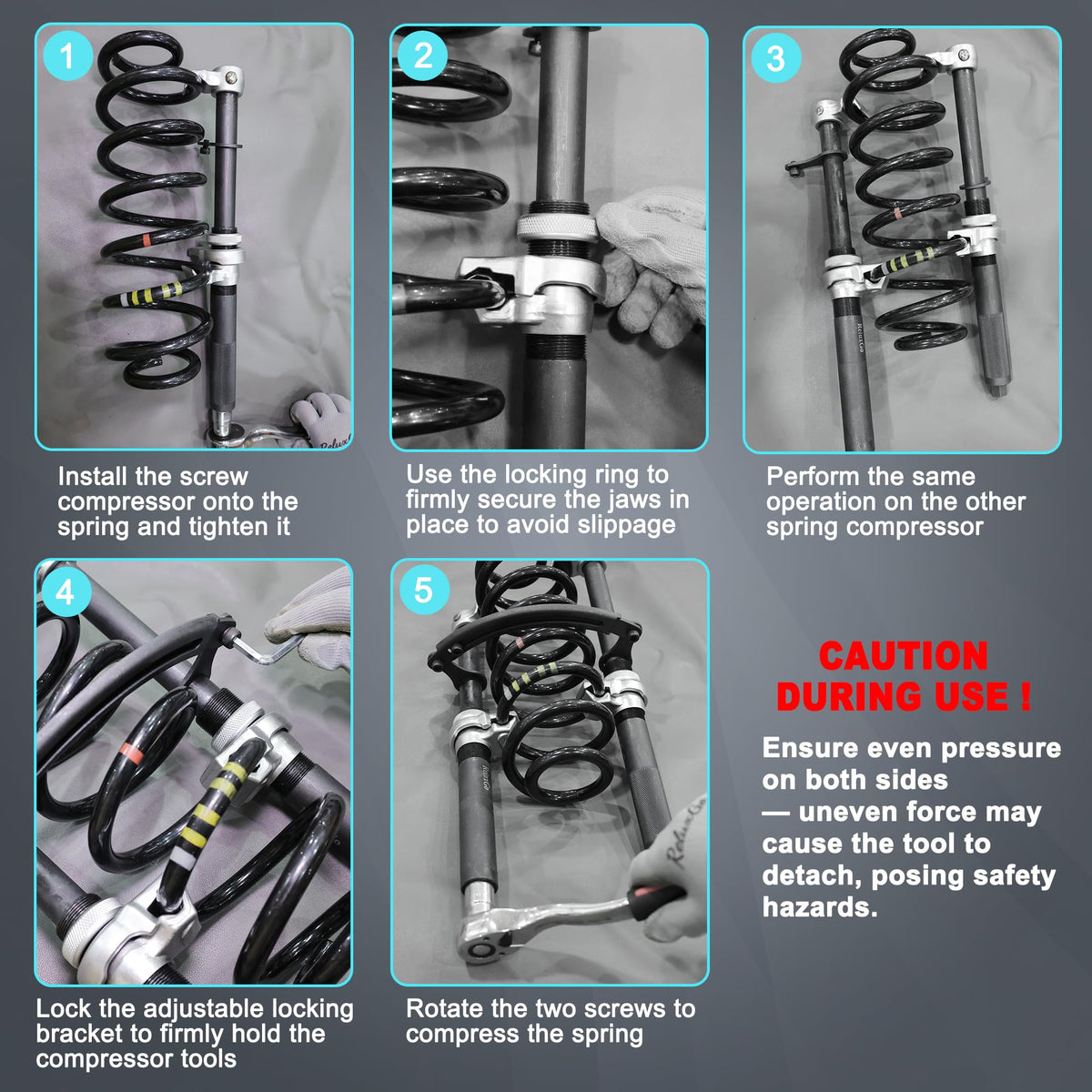 ReluxGo compressor installed on a car strut showing safe spring removal benefit