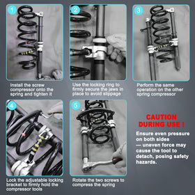 ReluxGo compressor installed on a car strut showing safe spring removal benefit