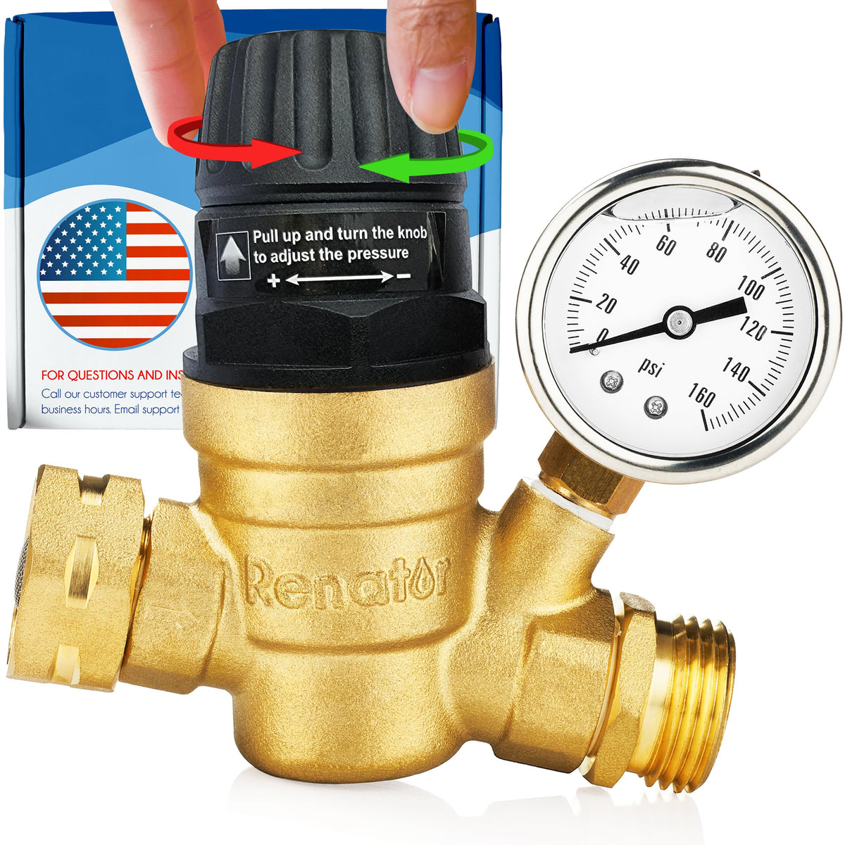 Renator regulator front view showing brass body and connection saving RV plumbing