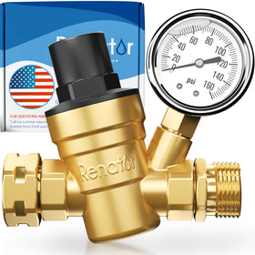 Renator front view regulator showing brass body and threaded connection, reliable pressure control