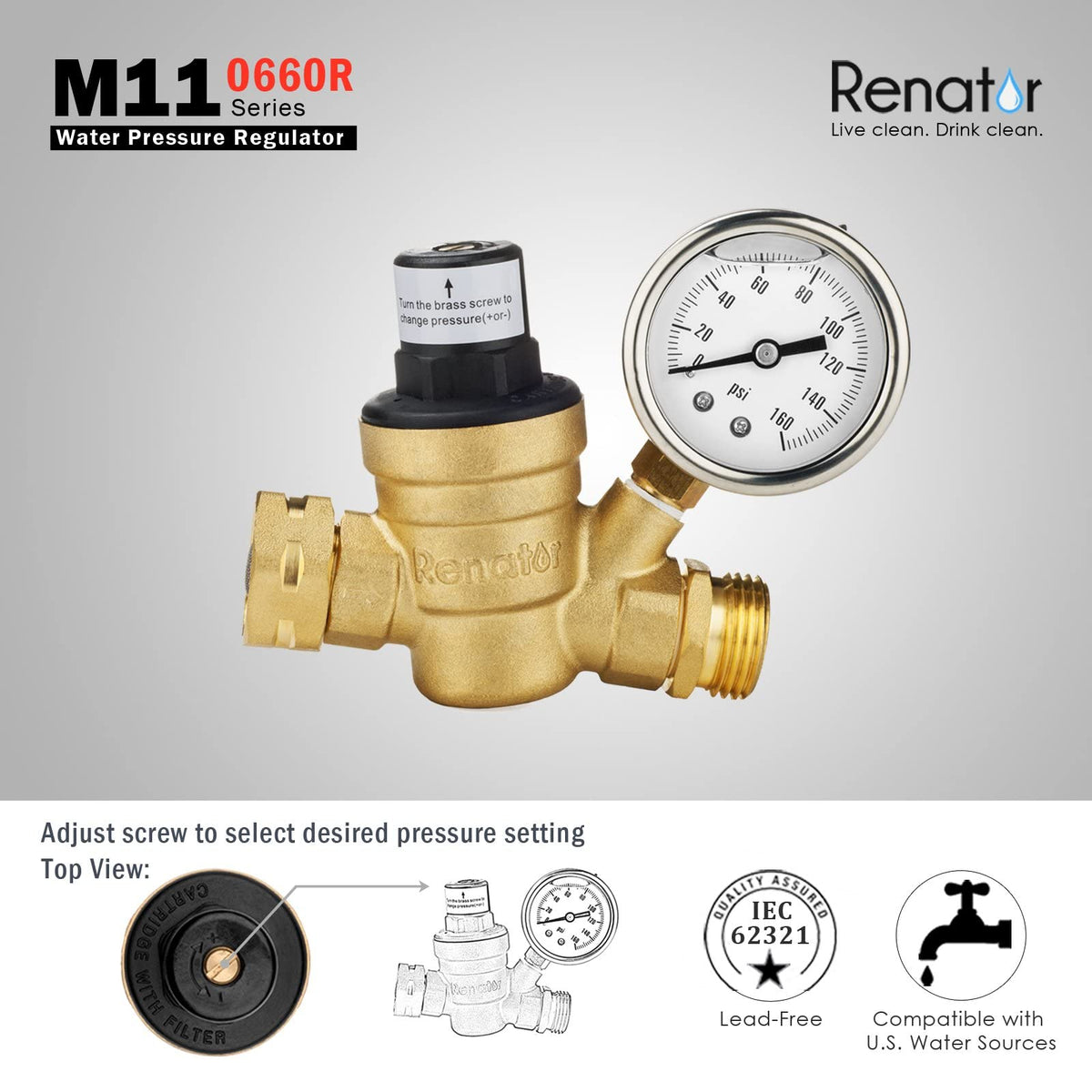 Renator connected at RV kitchen inlet demonstrating safe pressure and steady water flow