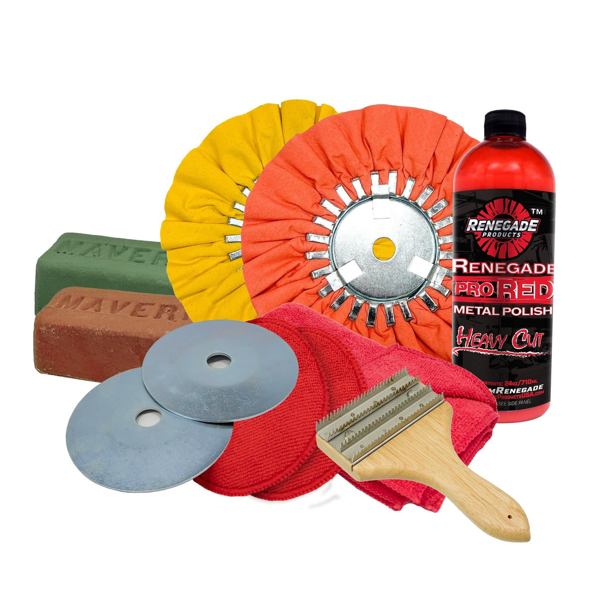 Renegade Products close-up of orange and yellow buffing wheels highlighting texture and cutting power