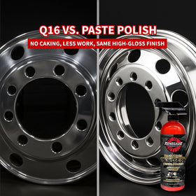 Renegade Products Q16 before and after on wheel showing restored shine benefit