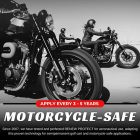 RENEW PROTECT used on motorcycle seat highlighting increased grip and safe finish