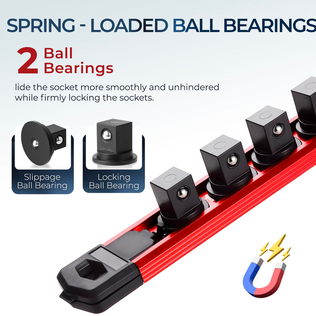 Reniteco close-up of ABS clip with spring ball bearing showing secure socket retention