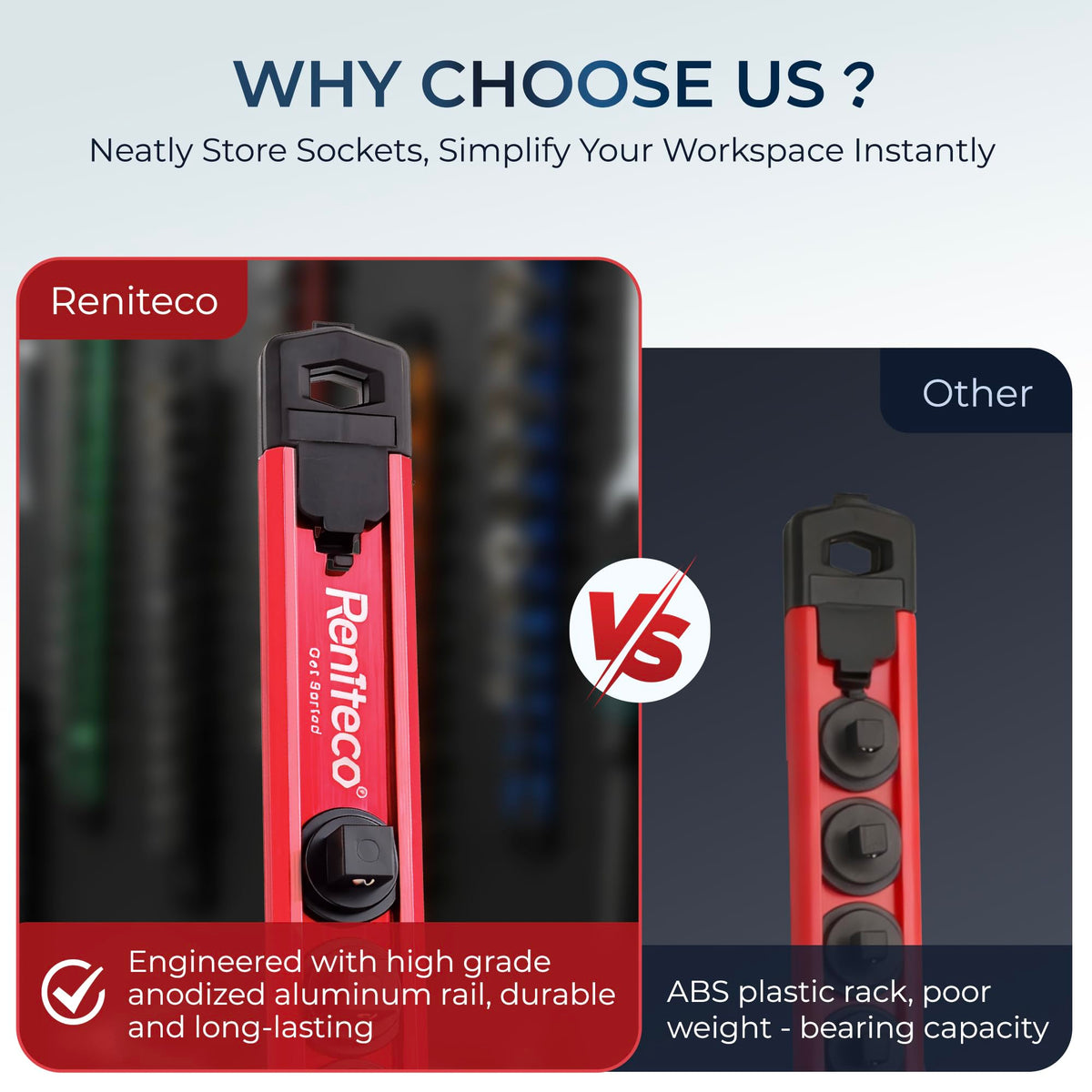 Reniteco installed inside a tool drawer optimizing space and preventing socket clutter