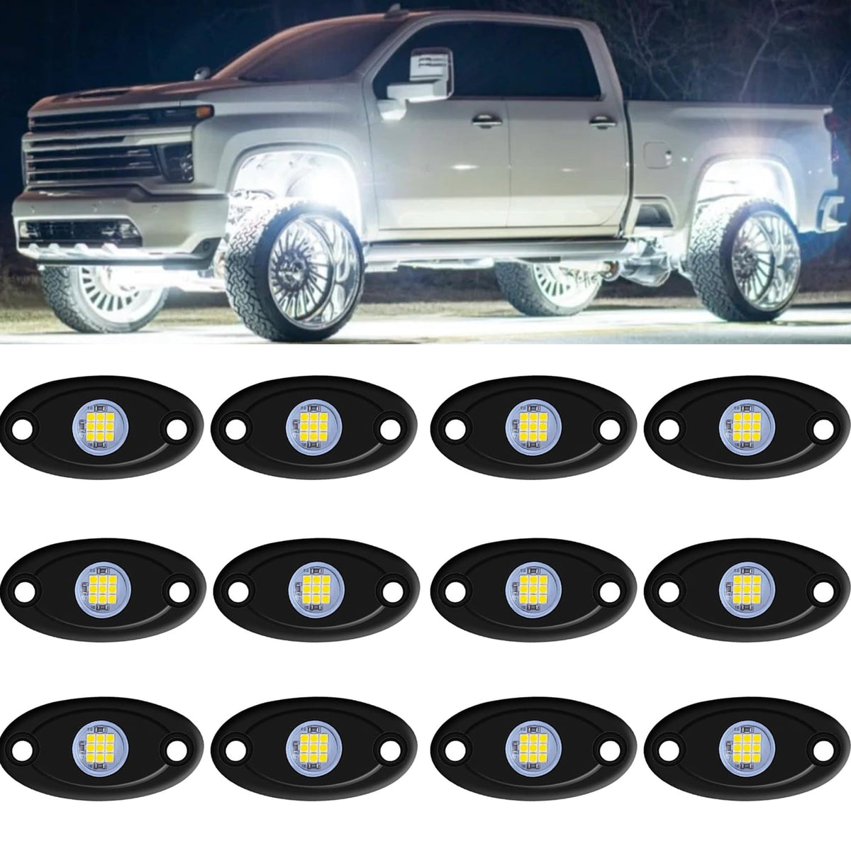 RENMAII-LIGHT front packaging showing 12 white LED pods and hardware, durable protection