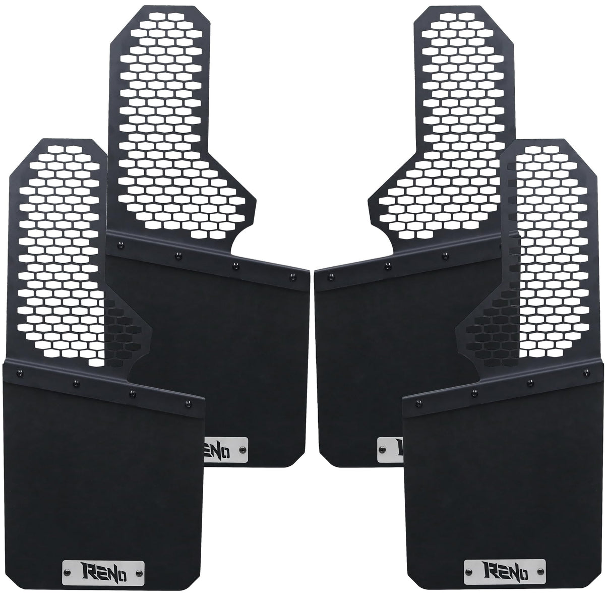 RENO front and rear mud flaps kit packaging showing contents and benefit