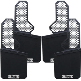 RENO front and rear mud flaps kit packaging showing contents and benefit
