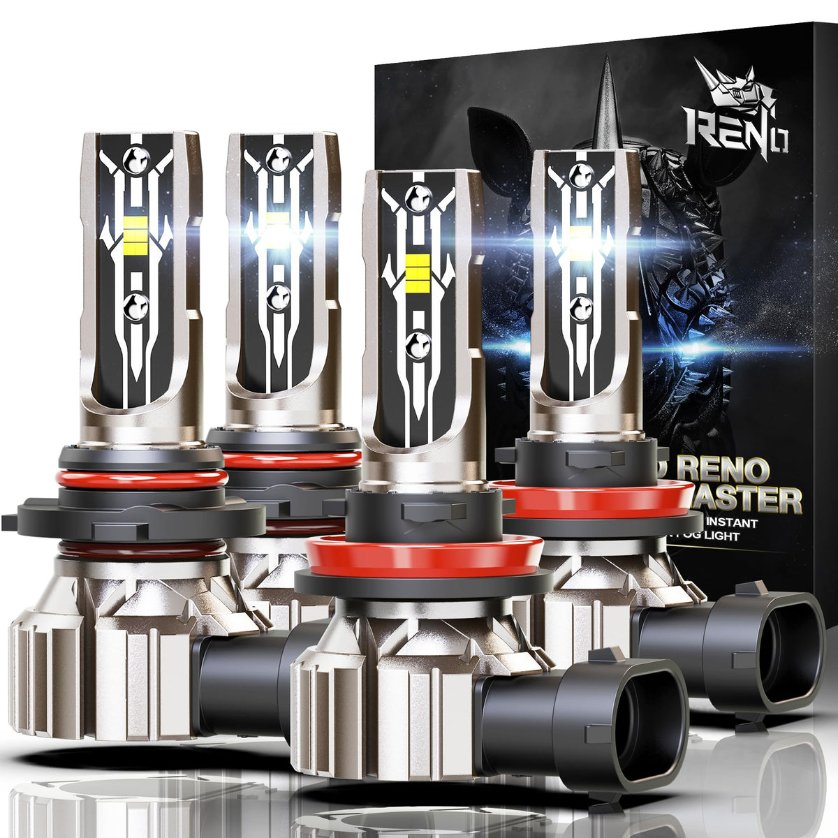 RENO front packaging of 9005 H11 4-pack showing compact fanless bulbs and benefits