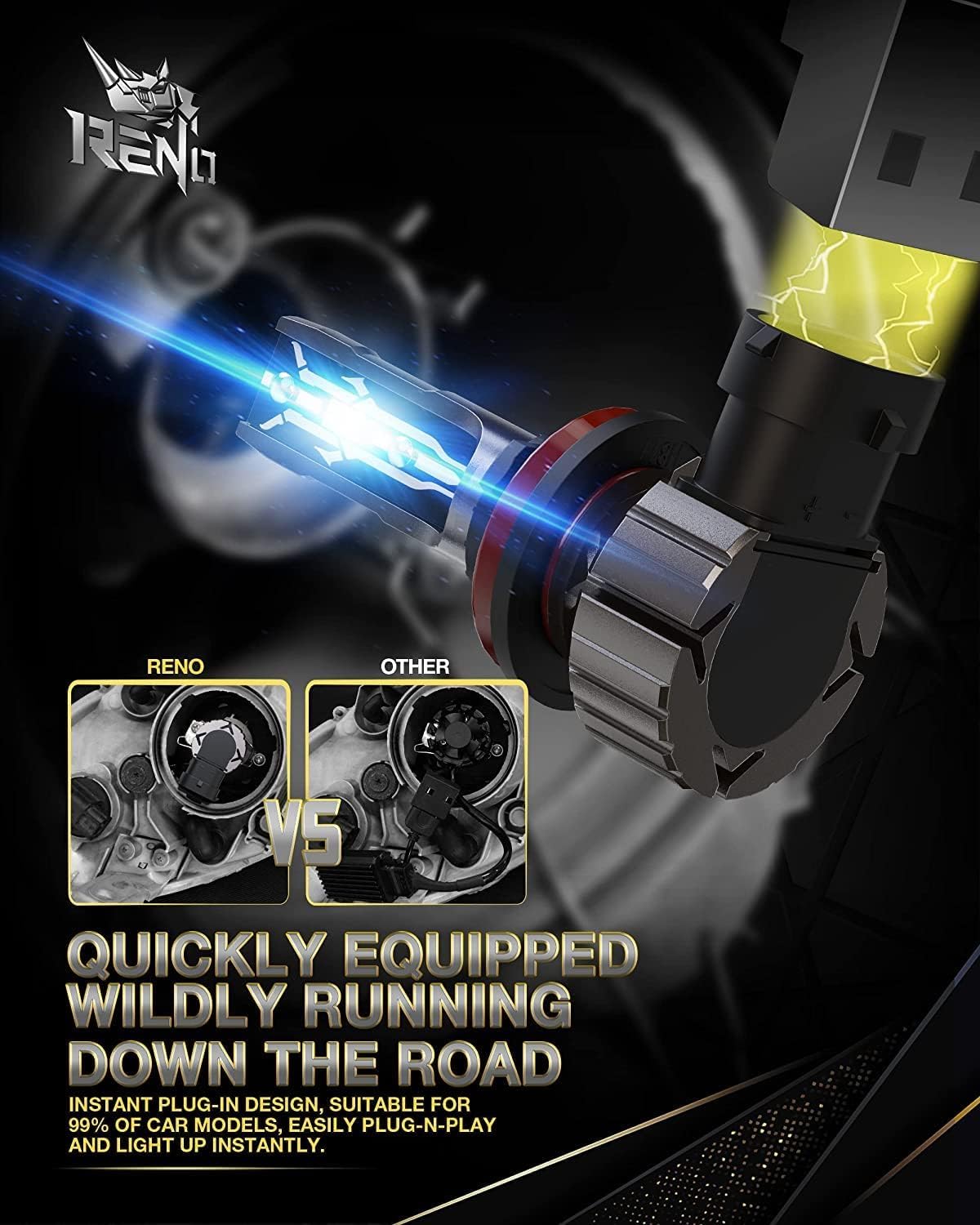 RENO H11 bulb installed in fog housing demonstrating clean beam