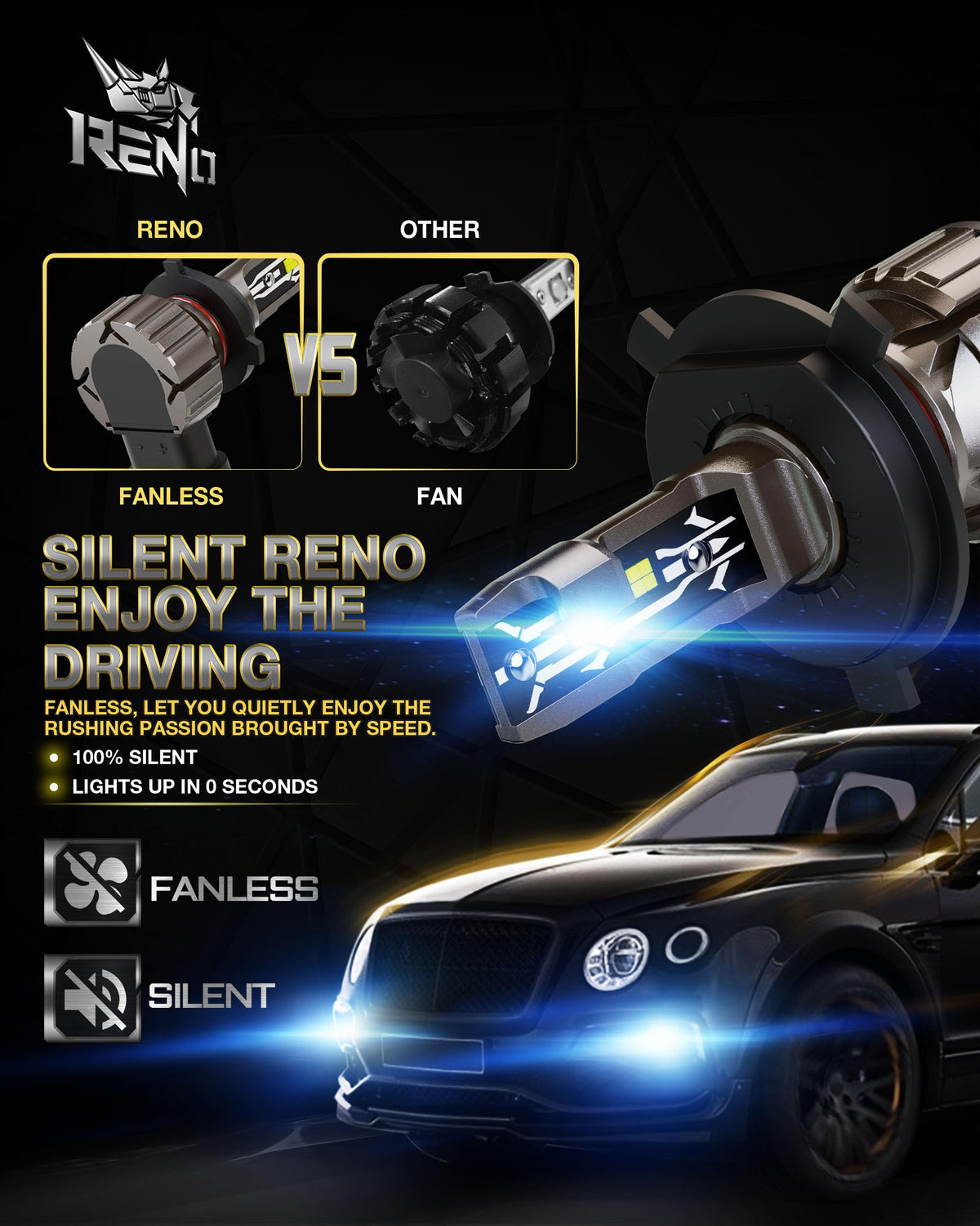 RENO H4 beam on a dark road highlighting improved visibility and contrast