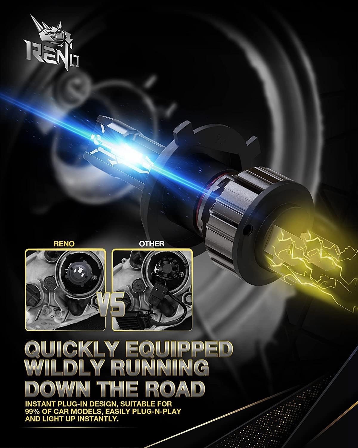 RENO H4 next to a halogen bulb showing true-to-size replacement benefit