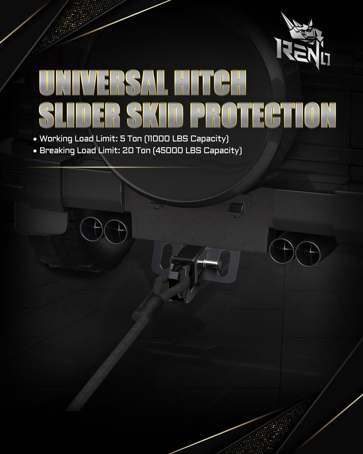 RENO in off-road setting illustrating hitch protection and recovery readiness