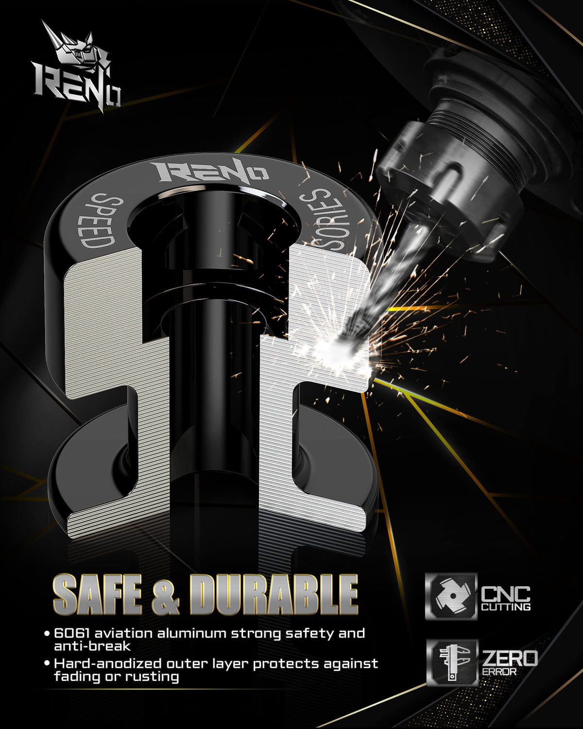 RENO side profile close-up highlighting smooth CNC machining and strength