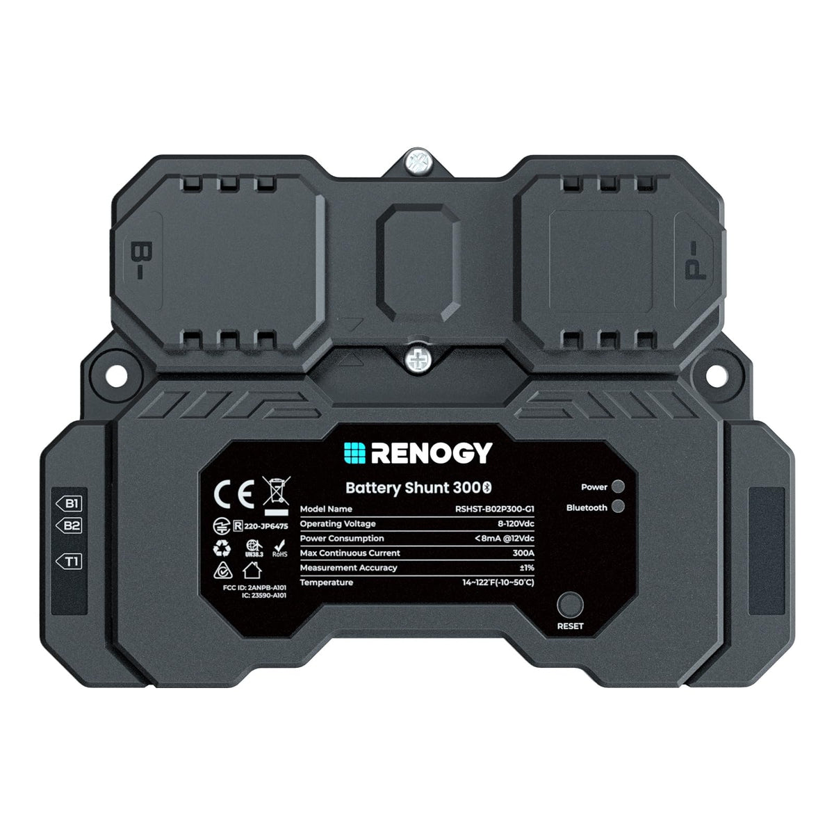Renogy front view of shunt 300 showing compact sensor and label for straightforward installation benefit