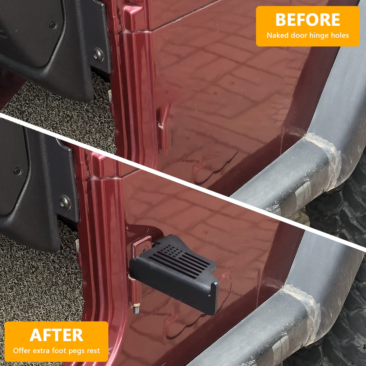 RERPRO peg tucked under door hinge showing low-profile fit and clearance