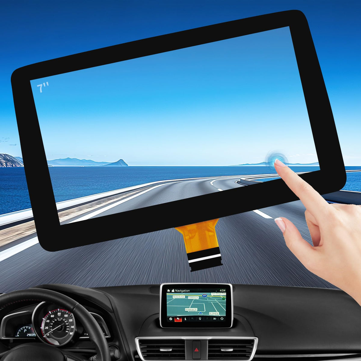 RESNAVSCREN front view of 7-inch digitizer showing clean glass and OEM fit improving appearance