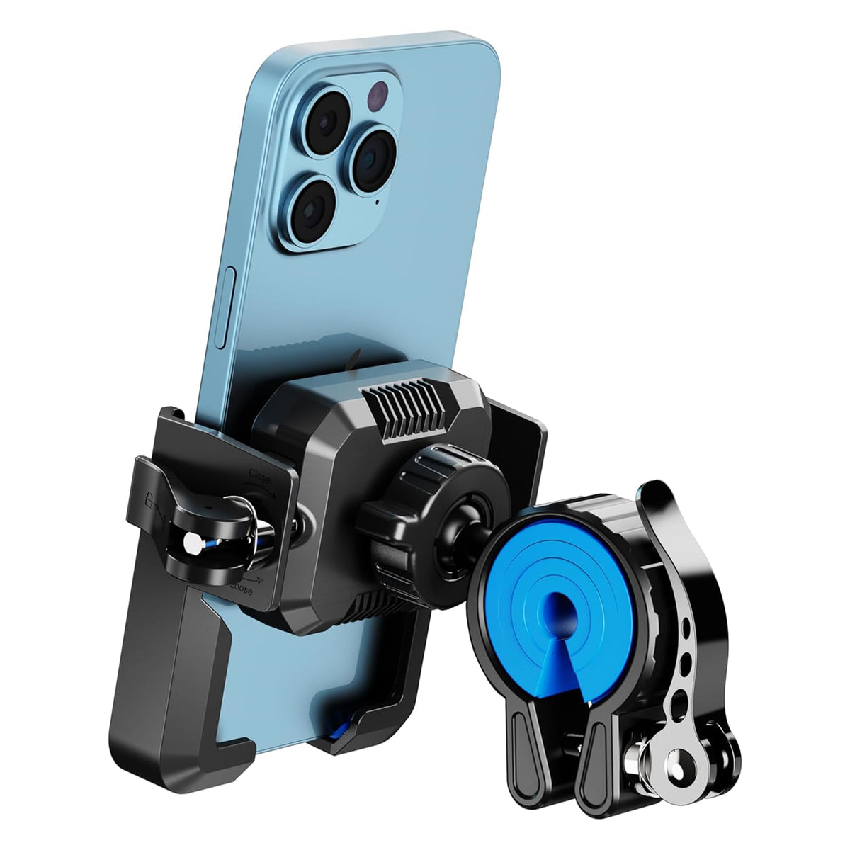 RESPECTED BRO front view showing blue mount and secure phone grip benefits stability