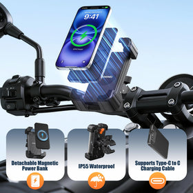 RESSONIC mounted on a motorcycle handle showing sturdy fit and safe charging