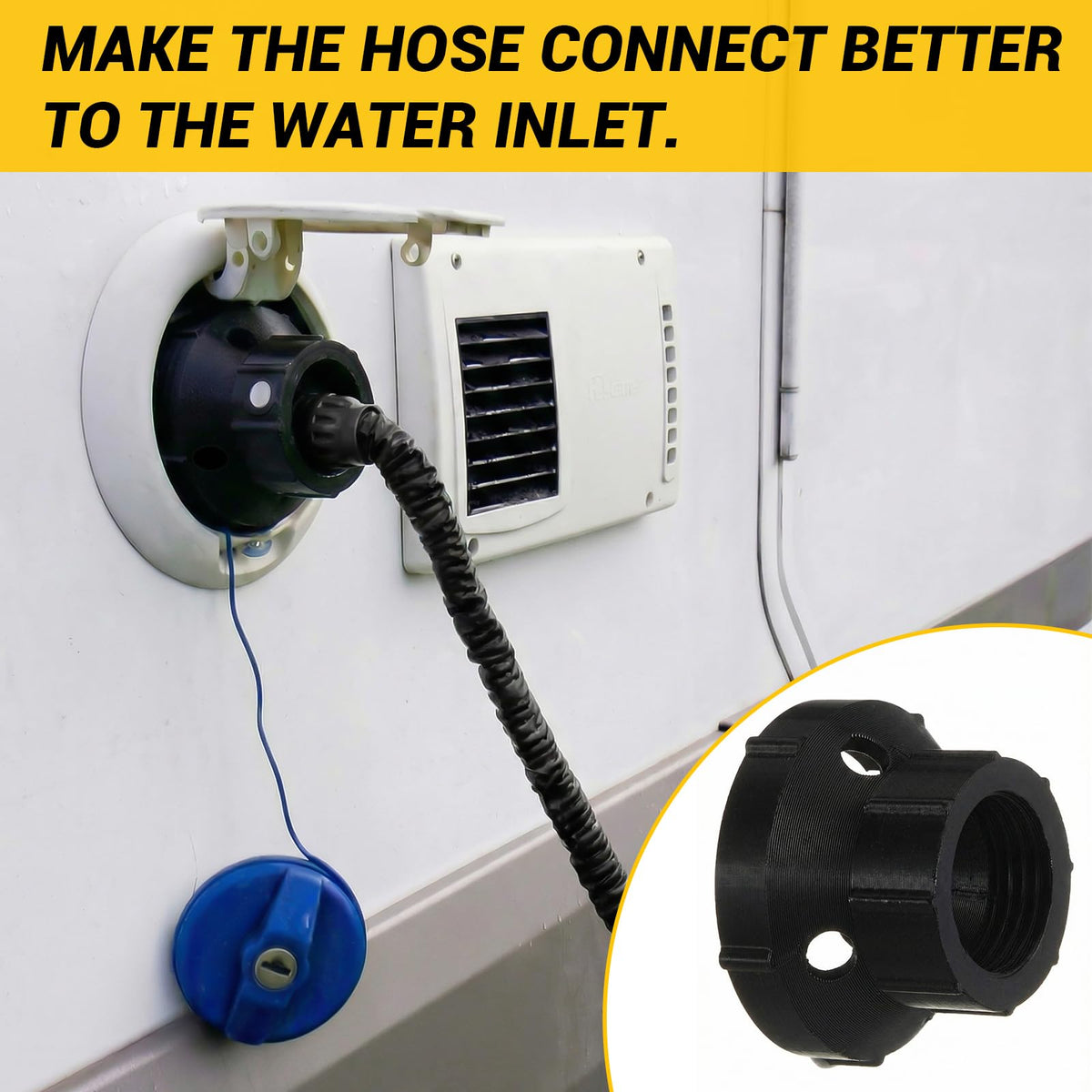 Retisee adapter screwed into RV inlet showing hands-free filling benefit