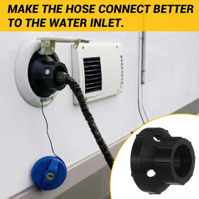 Retisee adapter screwed into RV inlet showing hands-free filling benefit