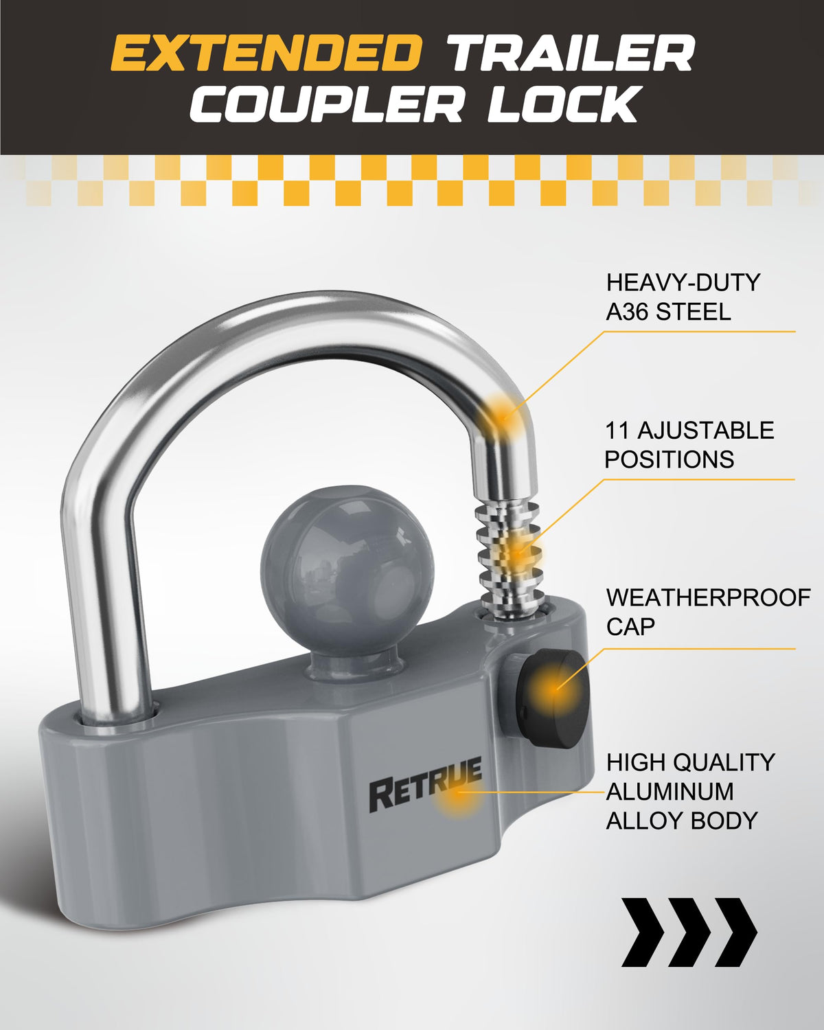 RETRUE lock mounted on a 2-5/16" coupler demonstrating wide-fit security