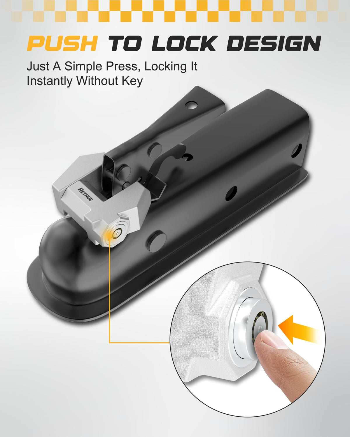 RETRUE Cyber Lock installed on trailer coupler demonstrating universal fit benefit
