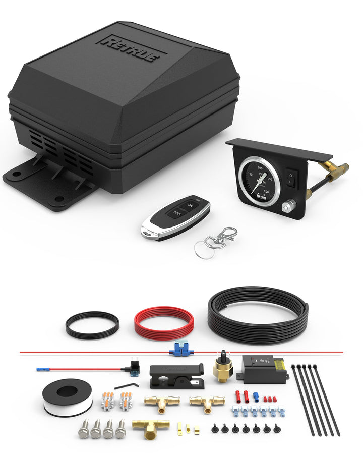 RETRUE front-mounted compressor kit showing full components and quick installation benefit