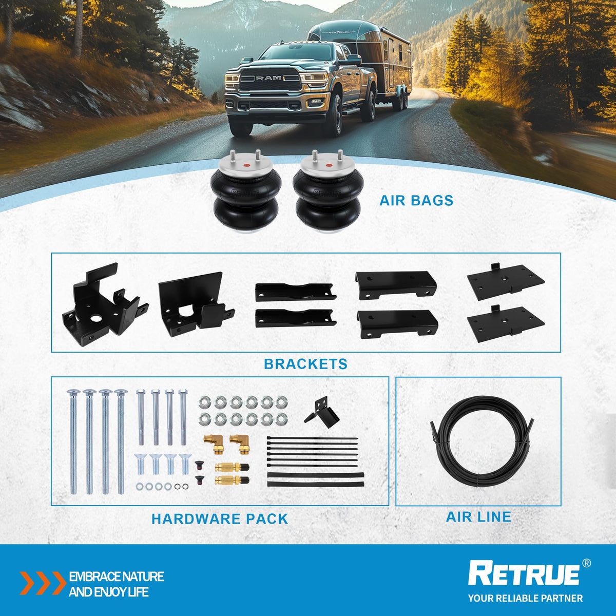 RETRUE installed on truck while towing illustrating leveled load and confidence