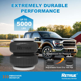 RETRUE kit installed under truck profile illustrating improved stance and reduced rear sag