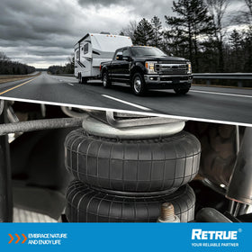 RETRUE-equipped F-150 towing trailer on highway showing steadier ride and balanced handling