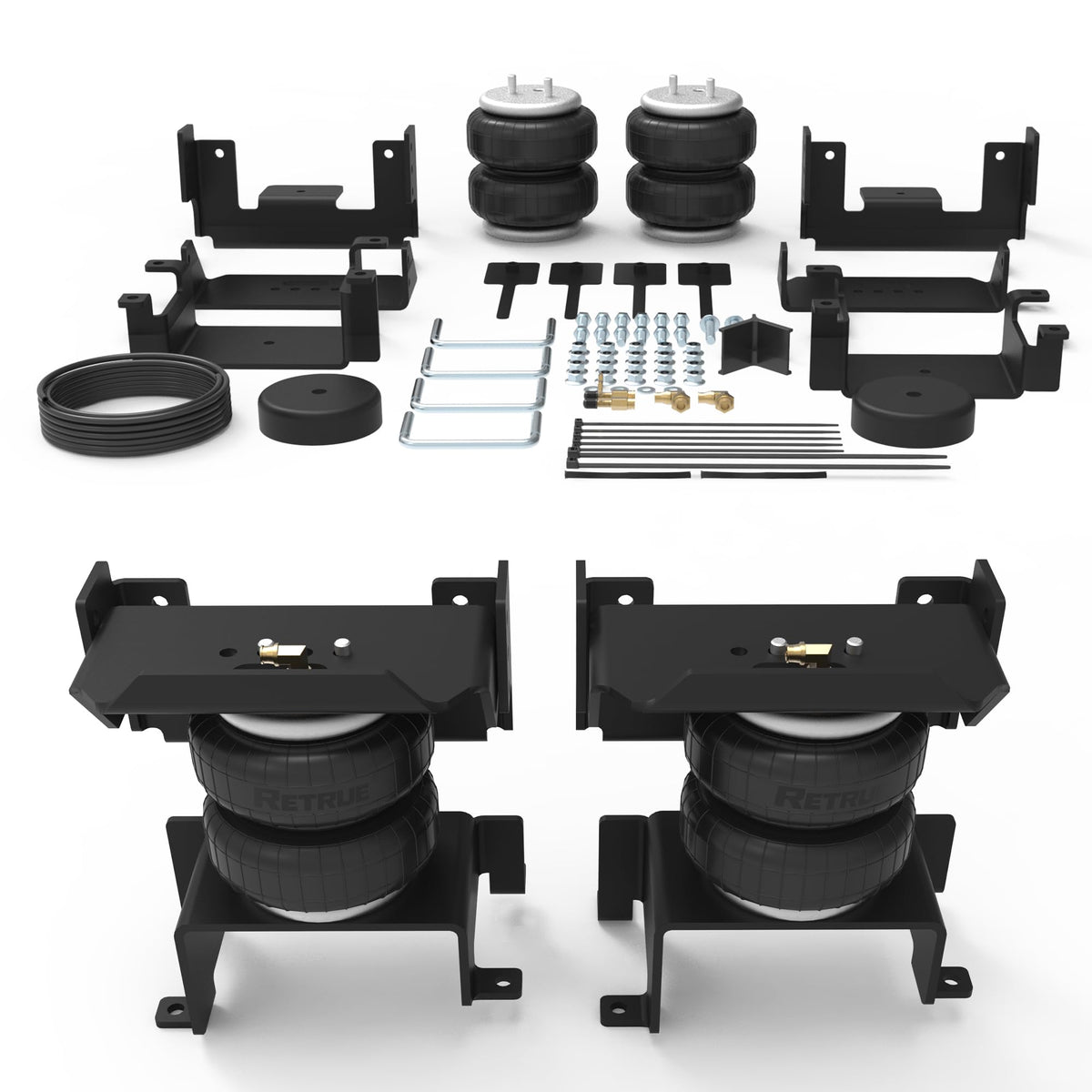 RETRUE front packaging view showing complete rear air bag kit and clear contents for quick install