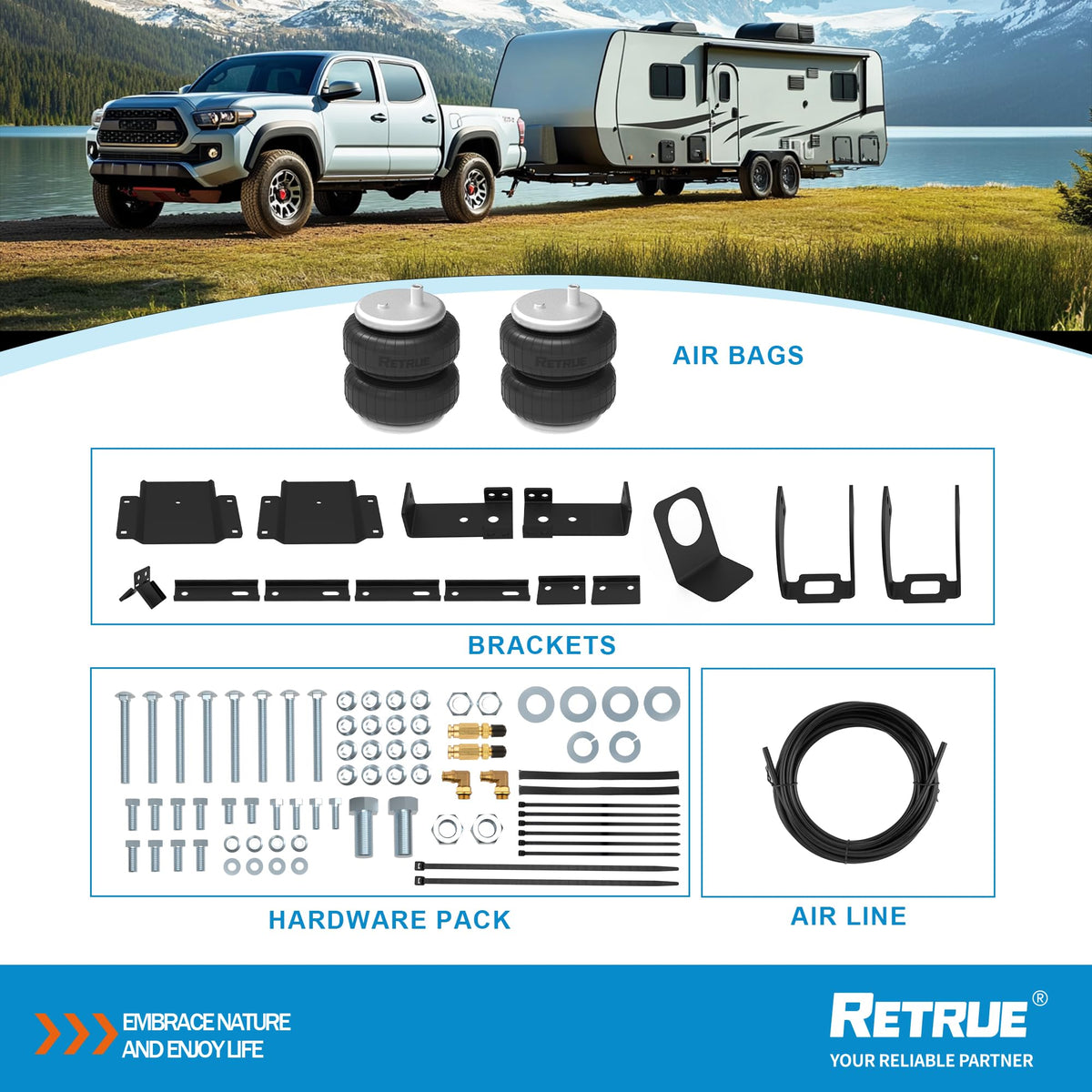 RETRUE lifestyle image of loaded Tacoma showing stable ride and level cargo benefit