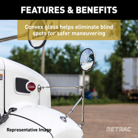RETRAC mirror mounted on driver side of heavy truck showing placement and benefit safer lane changes