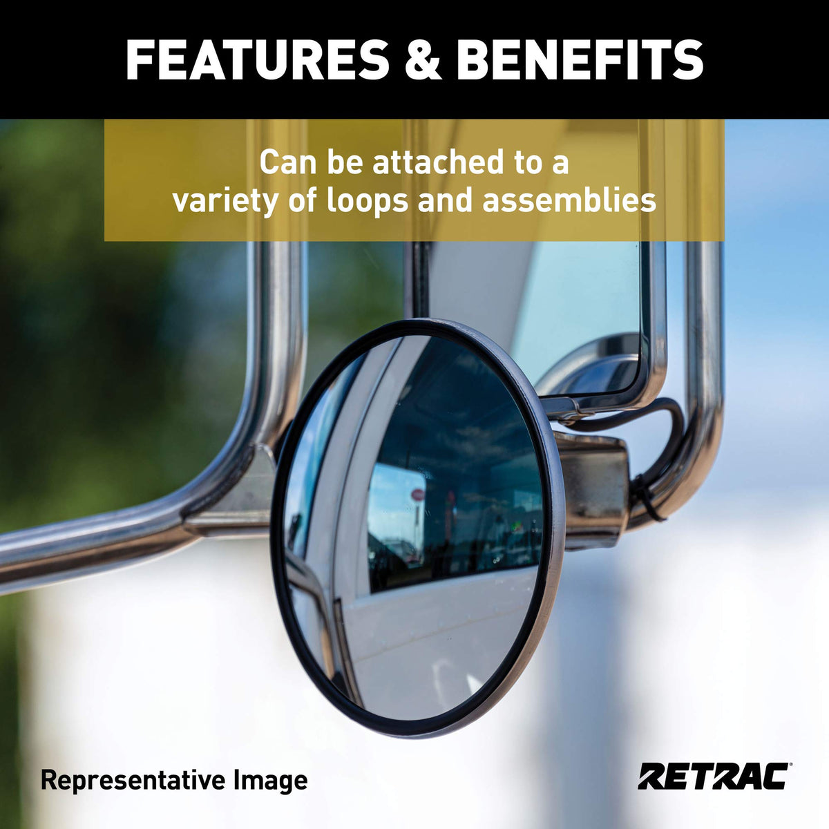 RETRAC mirror installed on passenger side of commercial truck showing angle and benefit better side coverage
