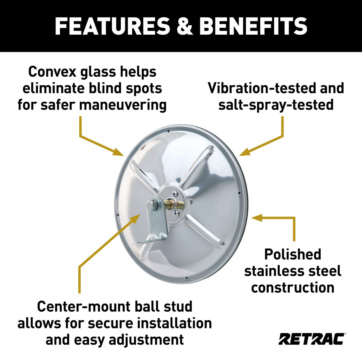 RETRAC polished stainless housing reflecting light showing corrosion resistance and benefit long-lasting finish