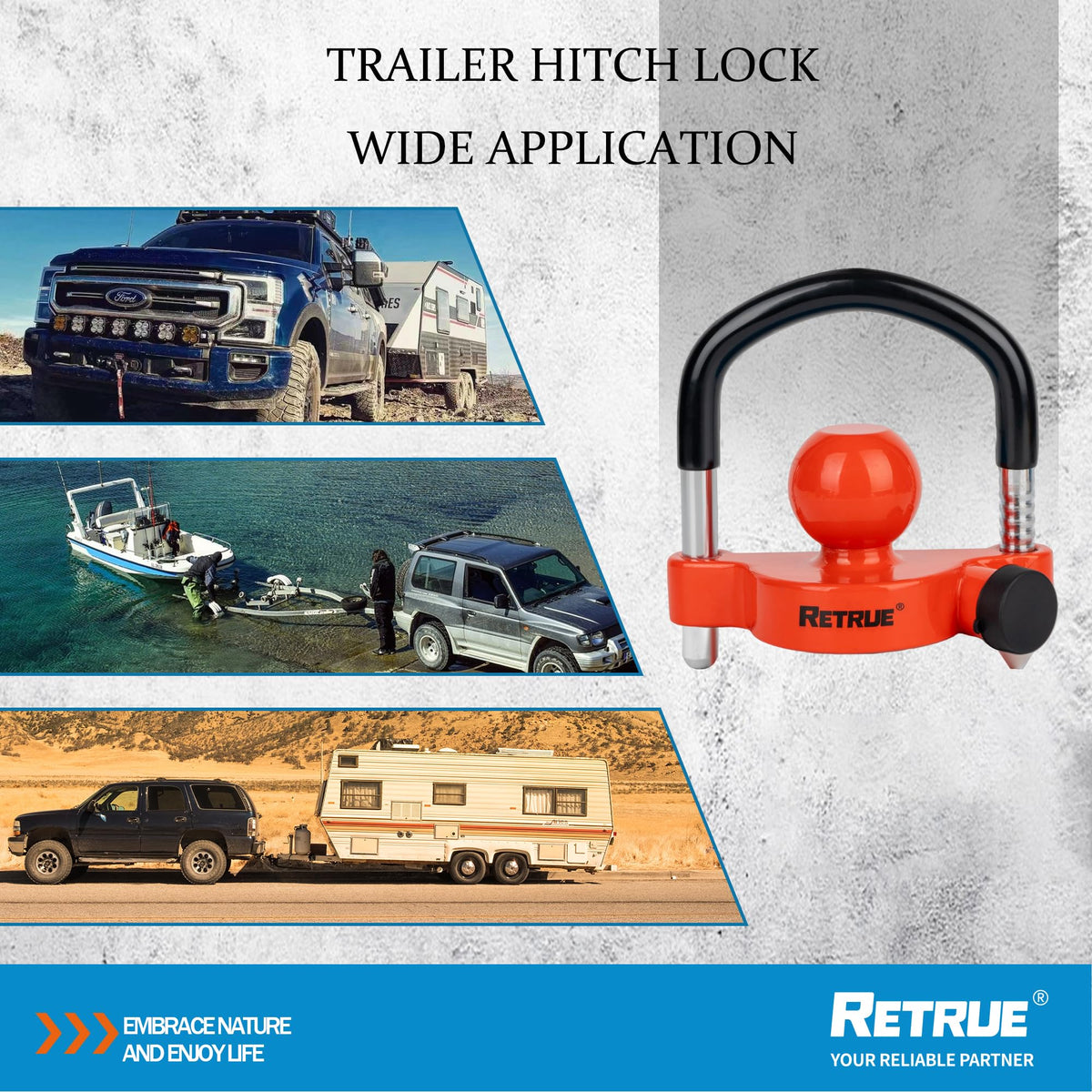 RETRUE lifestyle shot on parked trailer showing visible theft deterrent