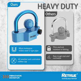 RETRUE lock installed on trailer coupler demonstrating fit across ball sizes for theft prevention