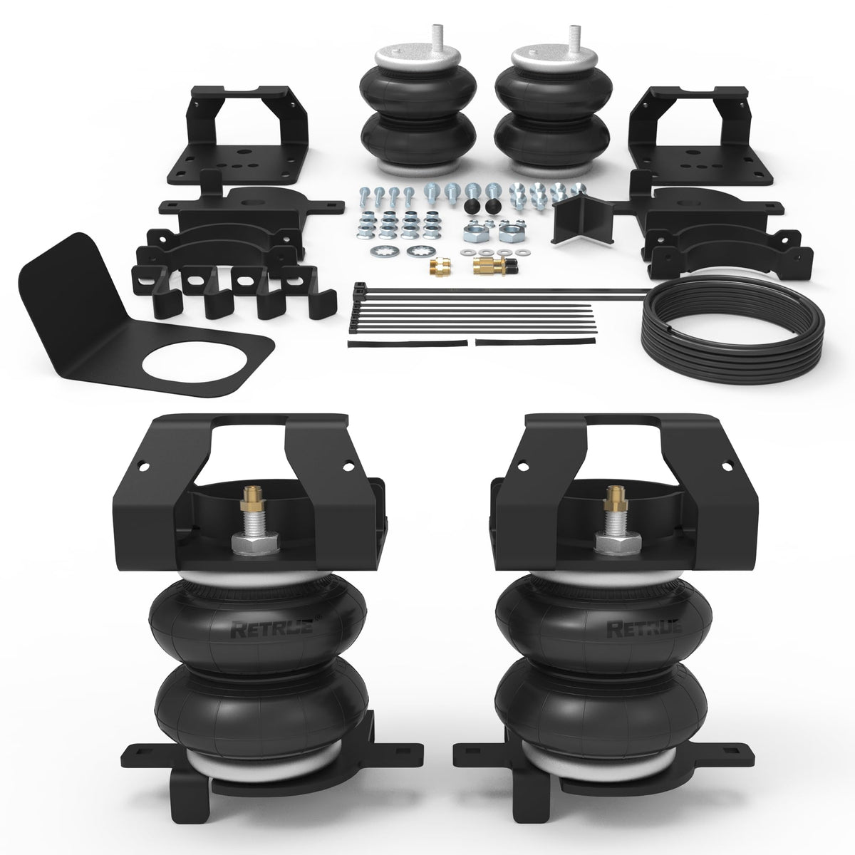 RETRUE front packaging of rear air bags kit showing compatibility and benefits